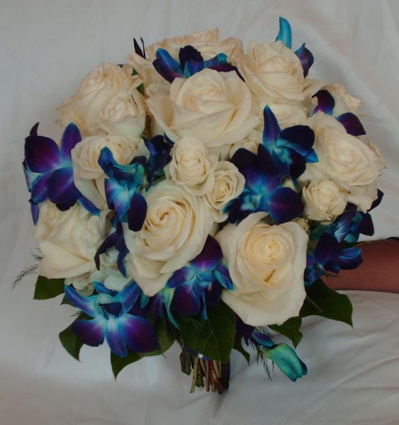 Blue Orchid and White Rose Brides Bouquet