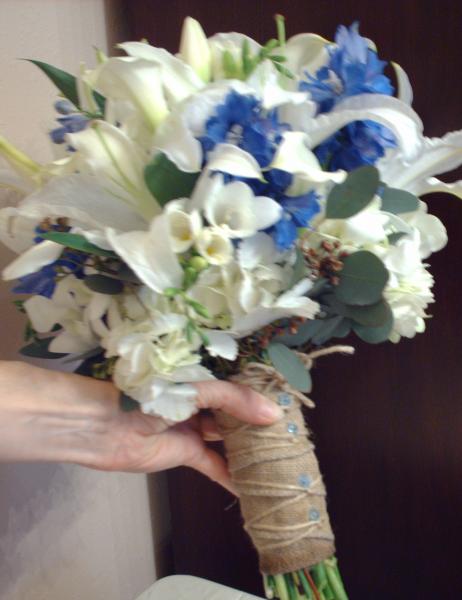 Blue and White Brides Bouquet wrapped in Burlap