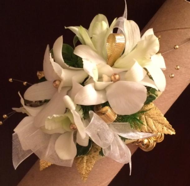Gold and White Wrist Corsage