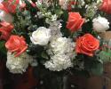 Festive Colorful Coral and White Flower Guest Book Arrangement