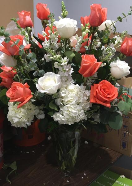 Festive Colorful Coral and White Flower Guest Book Arrangement