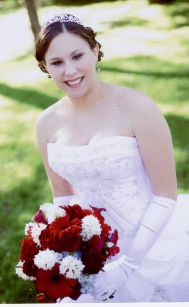 Red Gerber daisies and white hyacinth bridal bouquet