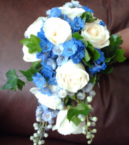 Cascading Blue and White Brides Bouquet