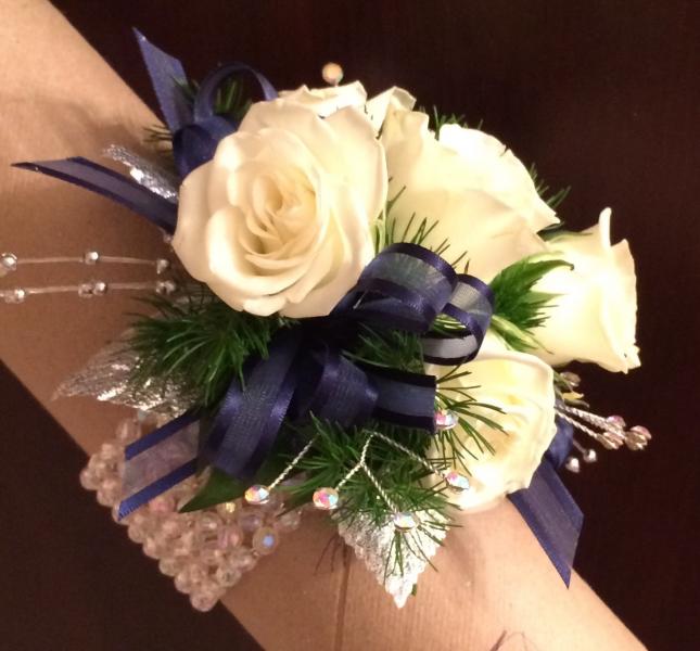 Navy and White  and Iridescent Wrist Corsage