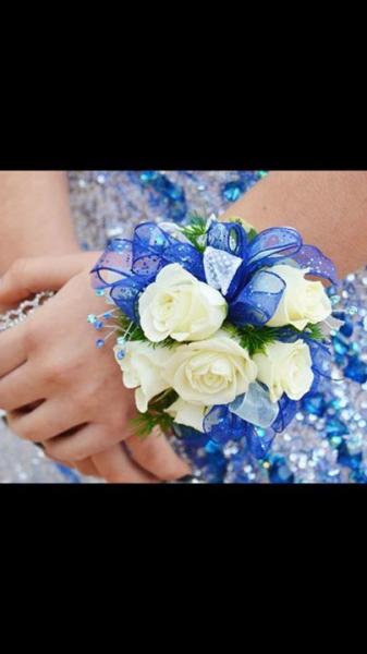 Blue, White and Iridescent Wrist Corsage